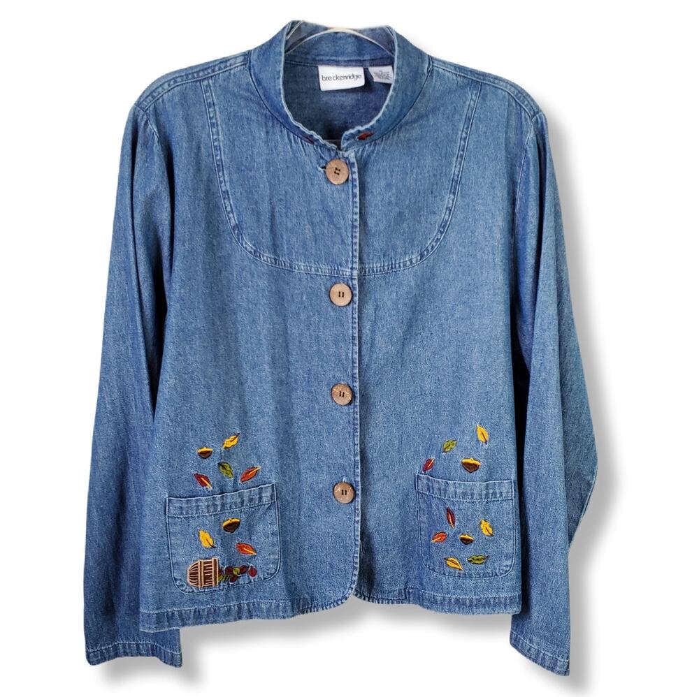 Women VTG 90s Denim Shirt Jacket XL Fall Autumn Acorns Apples Country Nostalgia